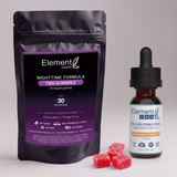 Element Health Nighttime Formula CBD Gummies pouch next to a Full Spectrum CBD Oil dropper bottle and three red gummies on a light gray background.