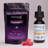 Element Health Nighttime Formula CBD Gummies in a black stand-up pouch next to a bottle of Element Health Full Spectrum CBD Oil, with three red gummies in front on a light gray background.