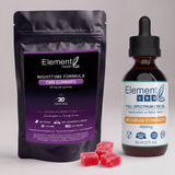 Element Health CBD products shown on a light gray studio background: a black stand-up pouch labeled 'NIGHTTIME FORMULA CBN GUMMIES' with three red gummies in front, and a dark amber dropper bottle labeled 'FULL SPECTRUM CBD OIL' next to it.
