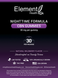 Product Label for Element Health Nighttime Formula CBN Gummies, 30 mg per gummy, with a black and dark purple gradient background and white and purple text.