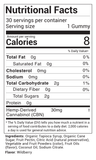 A close-up of a Nutrition Facts label for Element Health CBN gummy supplement, showing serving size 1 gummy, 8 calories per serving, and a list of ingredients including hemp-derived cannabiol (CBN).